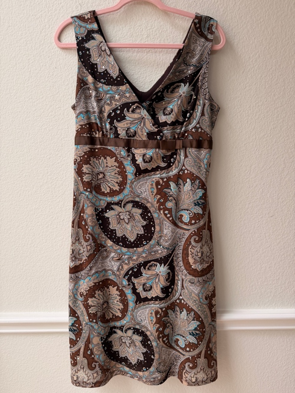 Y2K‎ Paisley Print Mini Dress Brown Teal Boho Whimsigoth Belted A-Line V Neck L